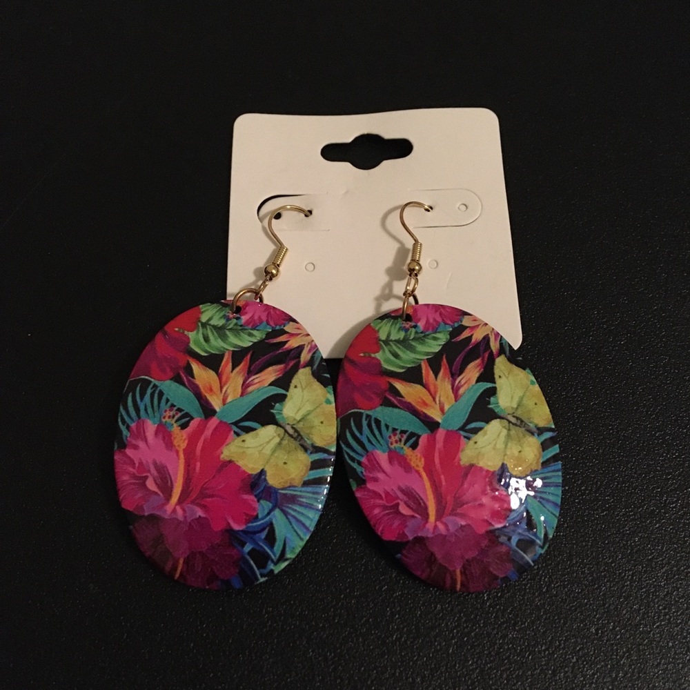 Floral Tropical Oval Drop Earrings - Pink & Green
